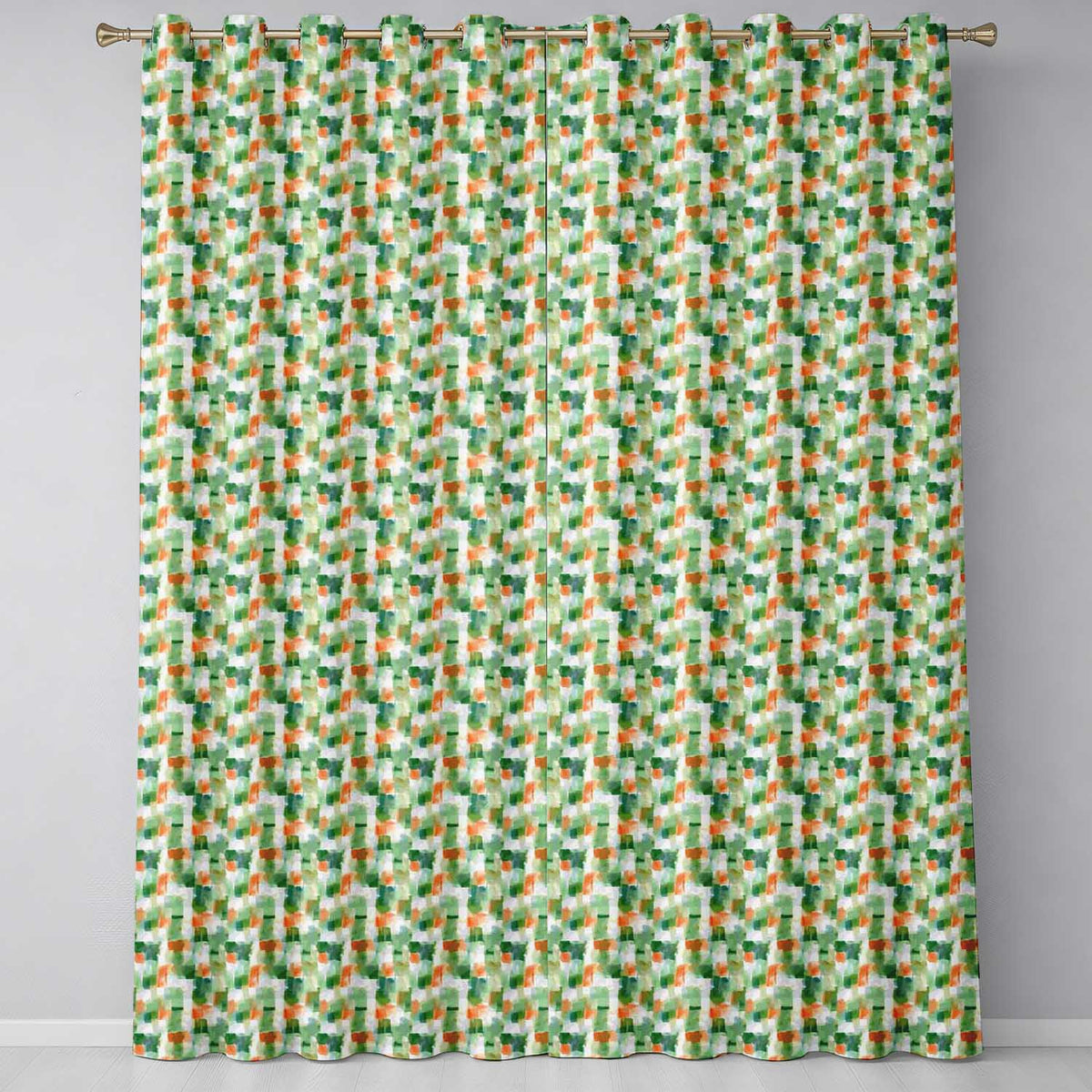 Green and Orange Watercolour Square Abstract Seamless  Readymade Eyelet Ring Top Thermal 100% Blackout Curtains