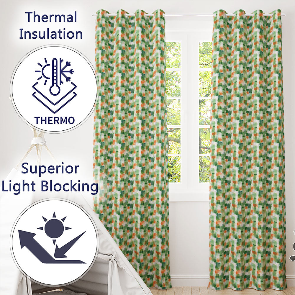 Green and Orange Watercolour Square Abstract Seamless  Readymade Eyelet Ring Top Thermal 100% Blackout Curtains