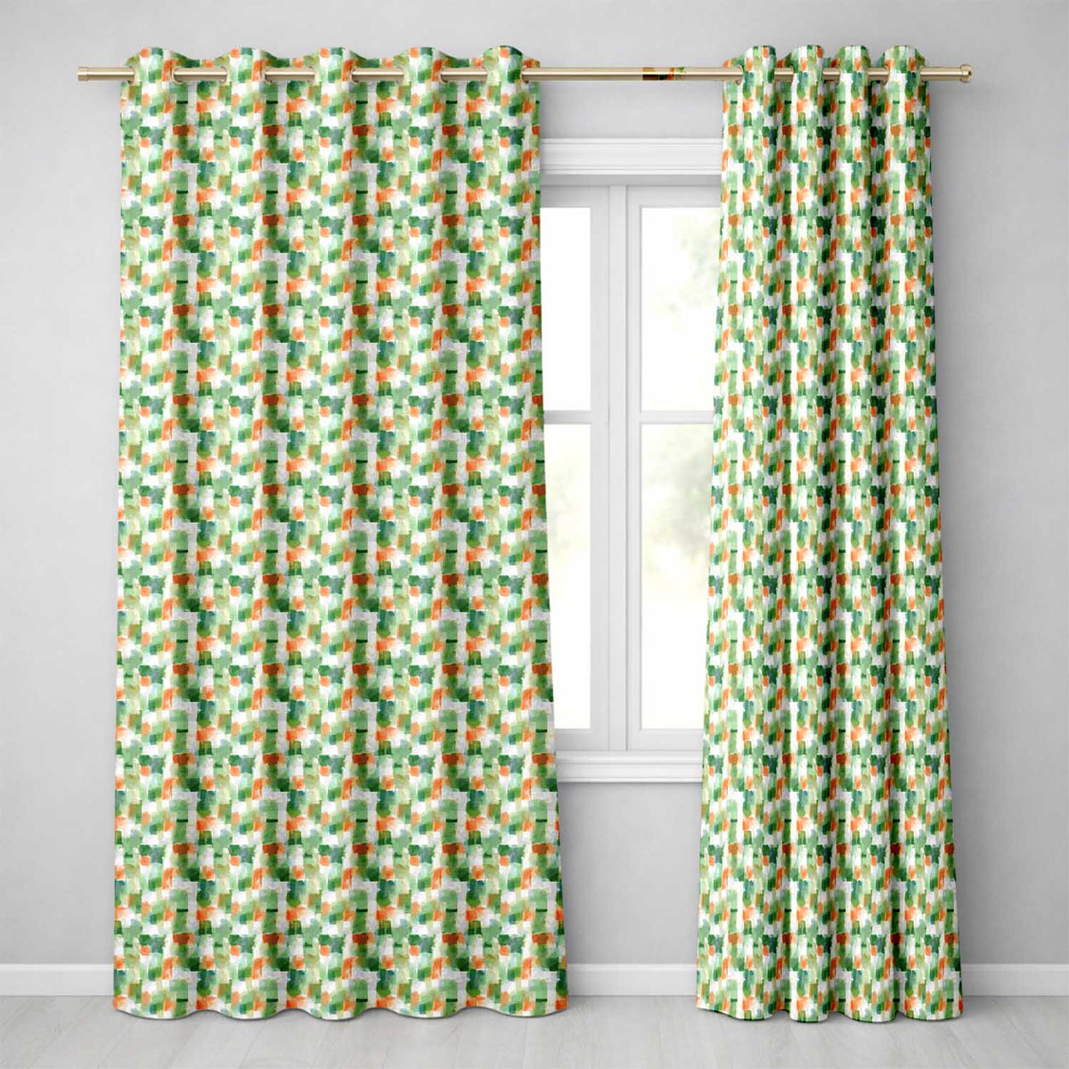 Green and Orange Watercolour Square Abstract Seamless  Readymade Eyelet Ring Top Thermal 100% Blackout Curtains