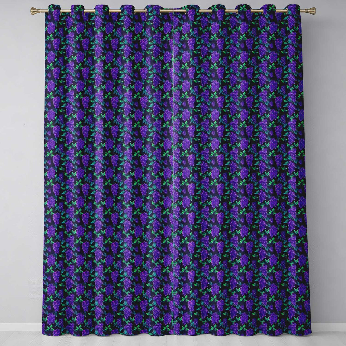 Vibrant Neon Purple Grapes on Dark Background Seamless  Readymade Eyelet Ring Top Thermal 100% Blackout Curtains