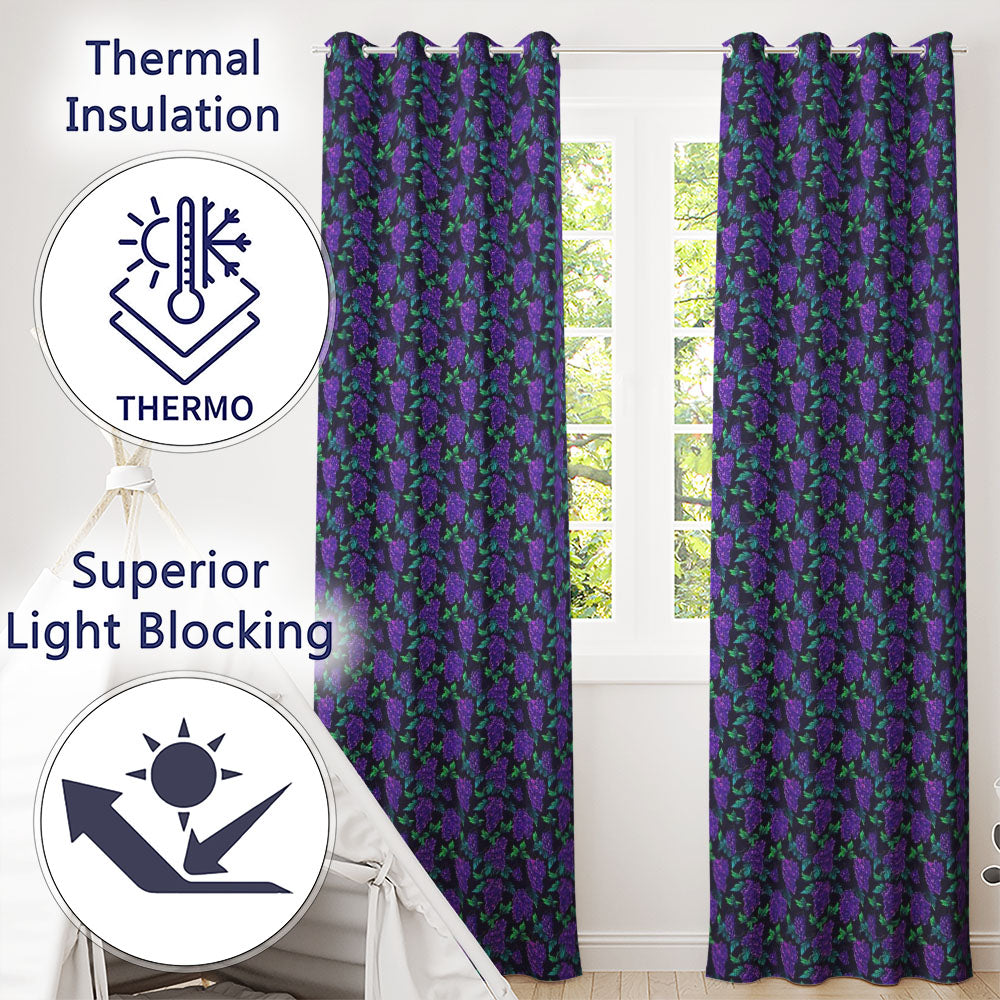 Vibrant Neon Purple Grapes on Dark Background Seamless  Readymade Eyelet Ring Top Thermal 100% Blackout Curtains