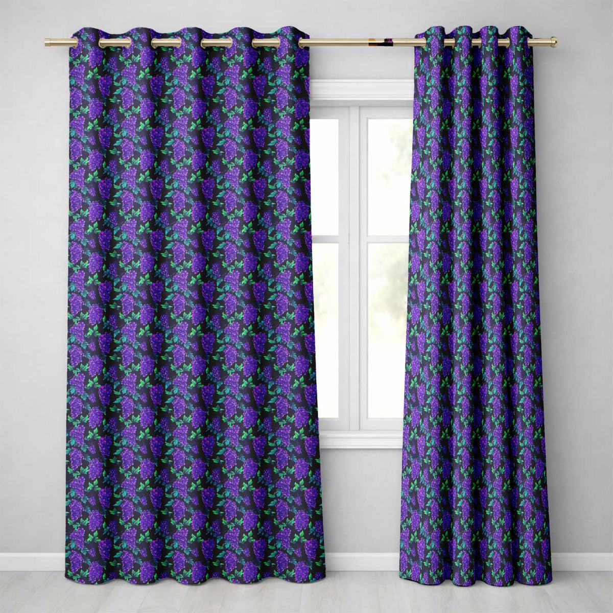 Vibrant Neon Purple Grapes on Dark Background Seamless  Readymade Eyelet Ring Top Thermal 100% Blackout Curtains