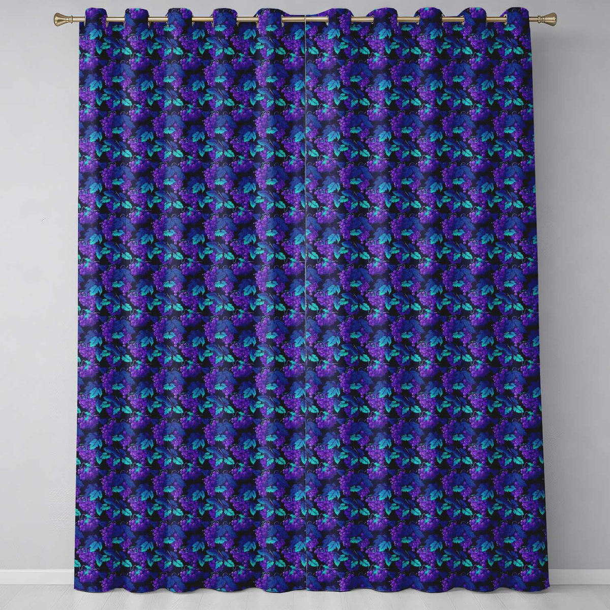 Teal Leaves With Purple Grapes Decorative Seamless  Readymade Eyelet Ring Top Thermal 100% Blackout Curtains