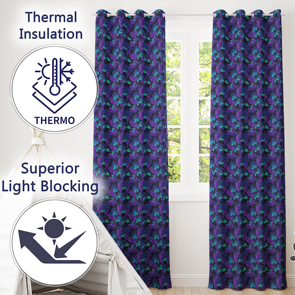 Teal Leaves With Purple Grapes Decorative Seamless  Readymade Eyelet Ring Top Thermal 100% Blackout Curtains
