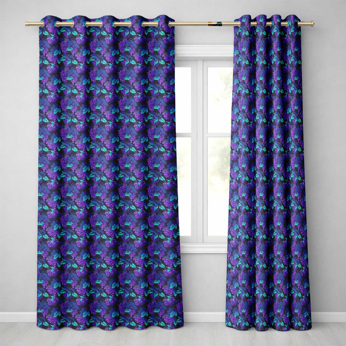 Teal Leaves With Purple Grapes Decorative Seamless  Readymade Eyelet Ring Top Thermal 100% Blackout Curtains