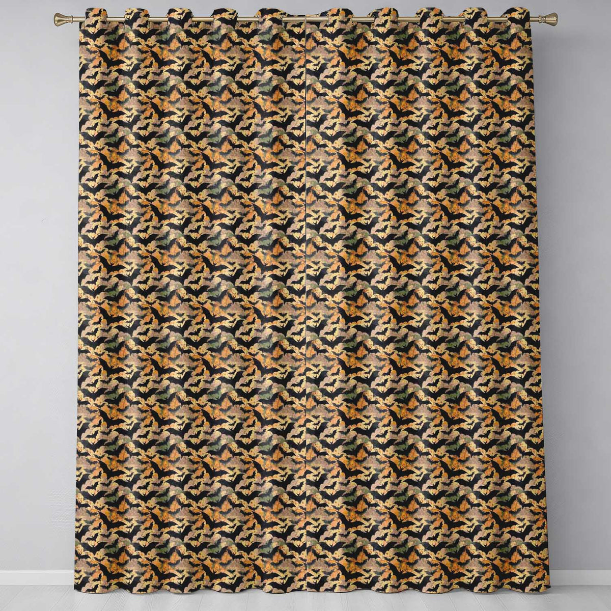 Vintage Halloween Bats in Autumn Leaves   Moody Orange and Black Gothic Design  Readymade Eyelet Ring Top Thermal 100% Blackout Curtains