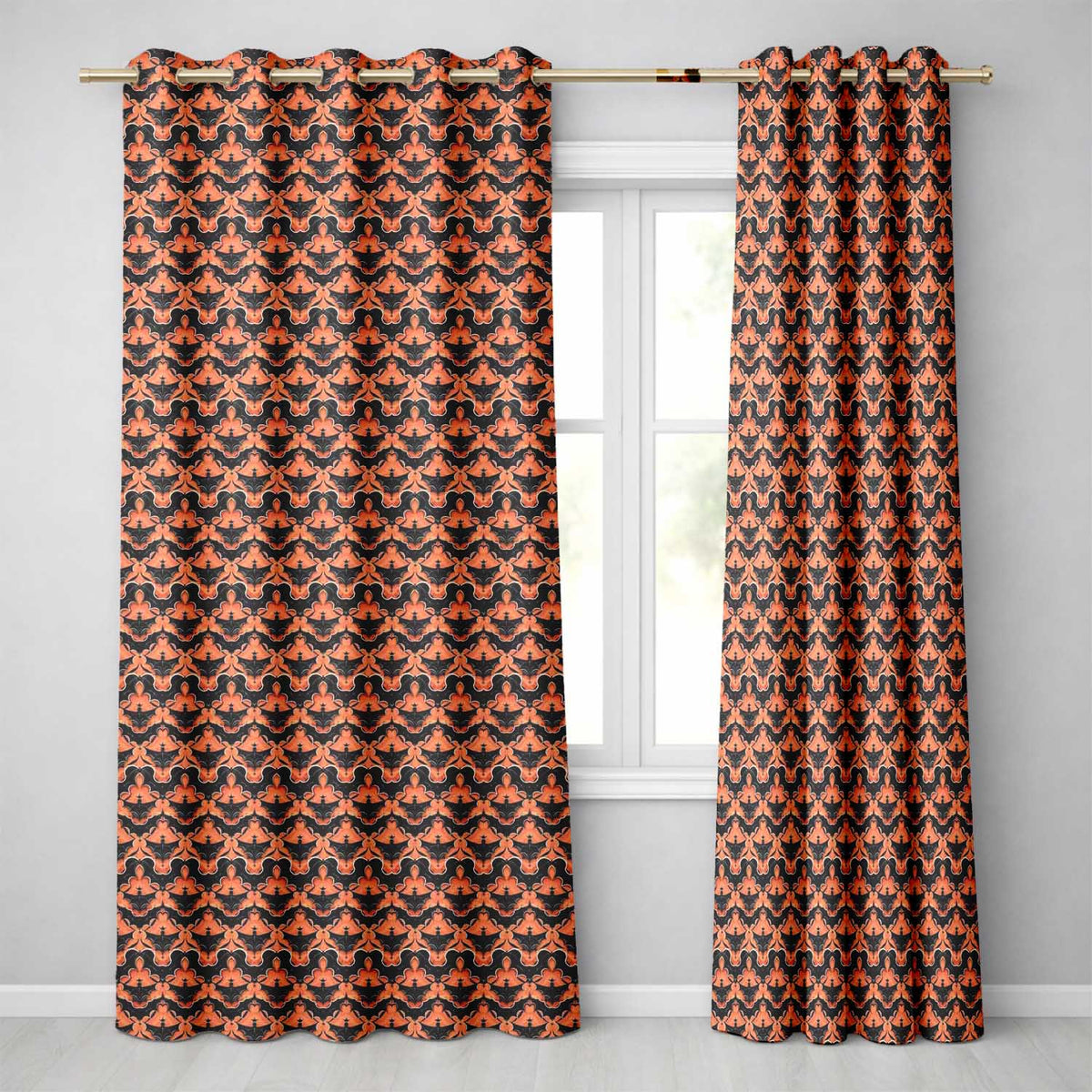 Bold Geometric Bat Motif in Orange and Black Repeating Halloween  Readymade Eyelet Ring Top Thermal 100% Blackout Curtains