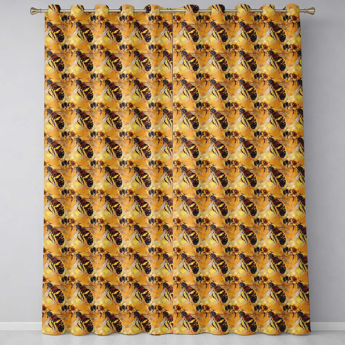 Detailed Honey Bees on Golden Background Nature Inspired Seamless  Readymade Eyelet Ring Top Thermal 100% Blackout Curtains