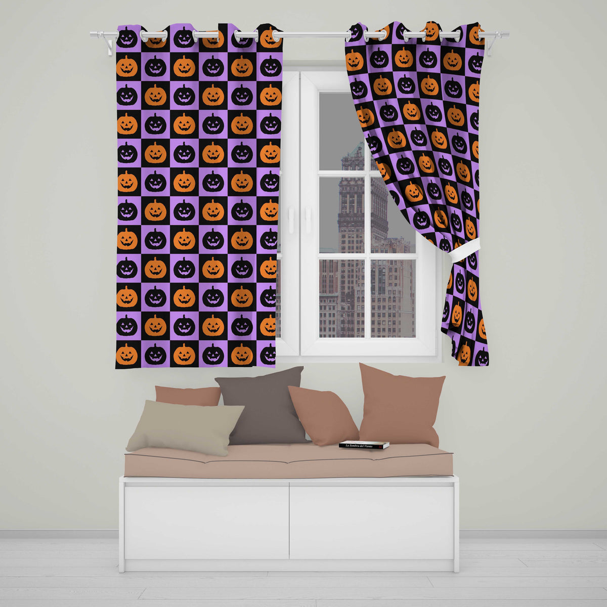 Halloween Pumpkin Faces on Purple and Black Checkerboard Seamless  Readymade Eyelet Ring Top Thermal 100% Blackout Curtains