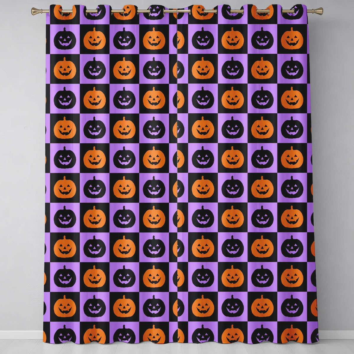 Halloween Pumpkin Faces on Purple and Black Checkerboard Seamless  Readymade Eyelet Ring Top Thermal 100% Blackout Curtains