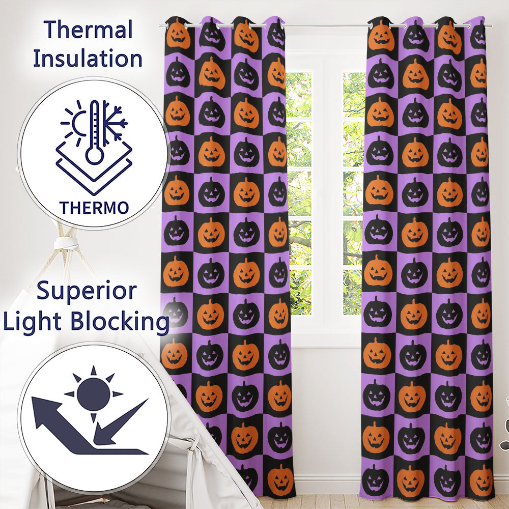 Halloween Pumpkin Faces on Purple and Black Checkerboard Seamless  Readymade Eyelet Ring Top Thermal 100% Blackout Curtains