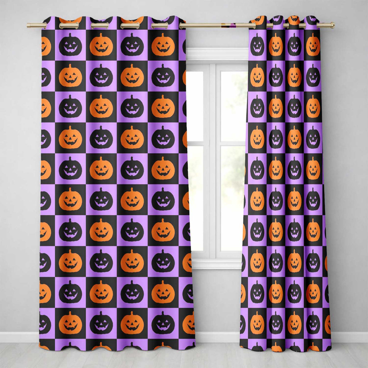 Halloween Pumpkin Faces on Purple and Black Checkerboard Seamless  Readymade Eyelet Ring Top Thermal 100% Blackout Curtains