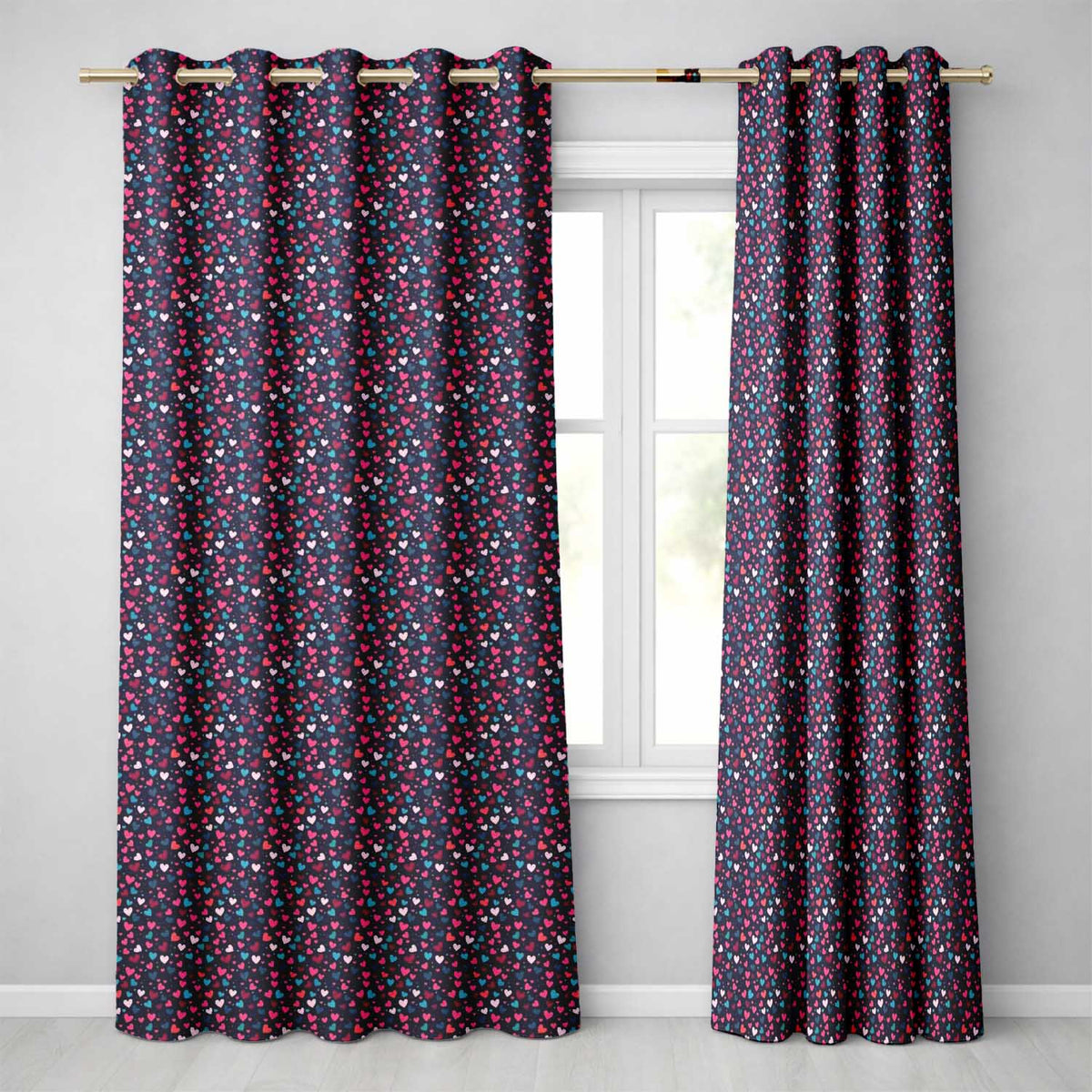 Colourful Hearts on Navy Background  Love Seamless  Valentine Design  Readymade Eyelet Ring Top Thermal 100% Blackout Curtains