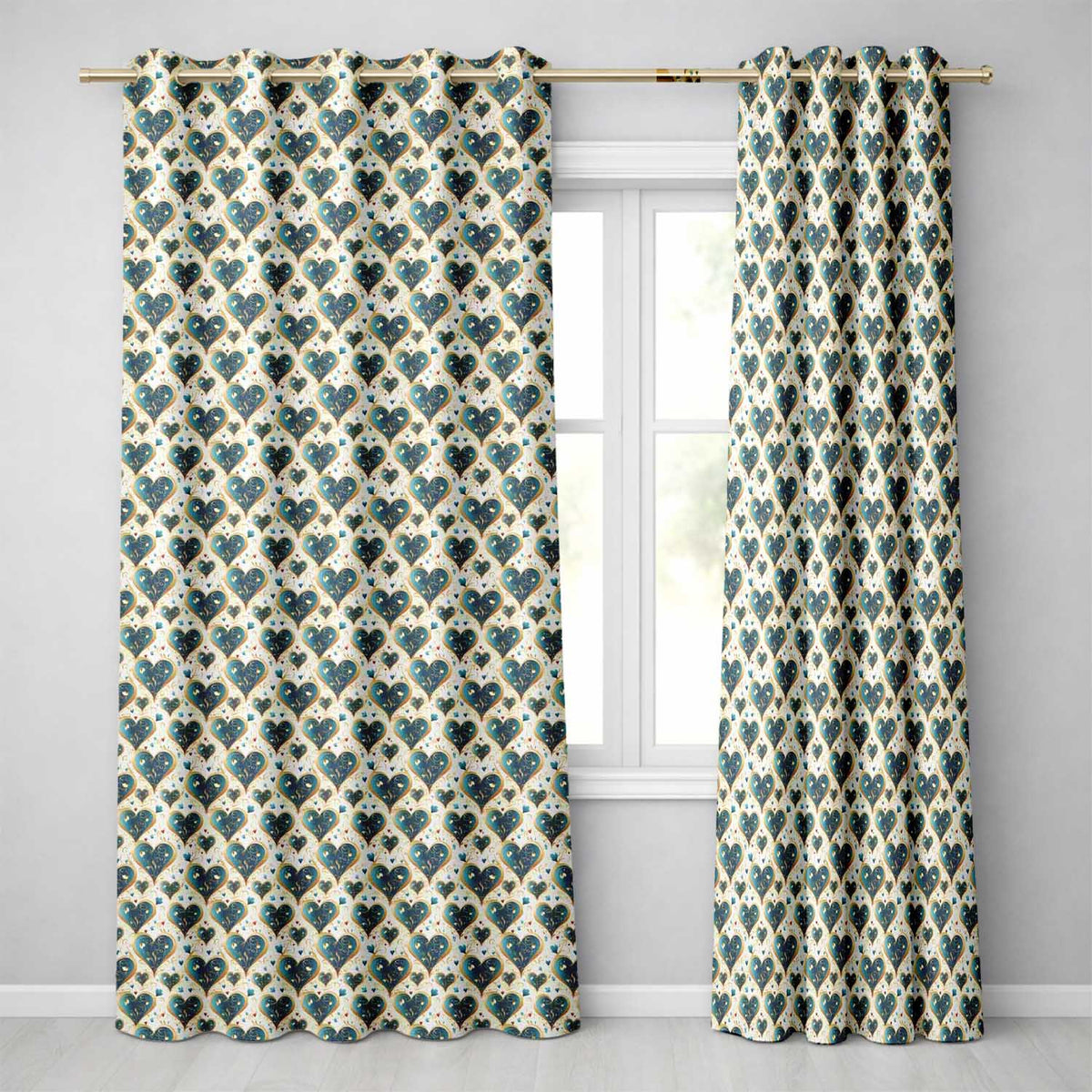 Elegant Blue Gold Ornate Heart Scrollwork Romantic Seamless  Readymade Eyelet Ring Top Thermal 100% Blackout Curtains