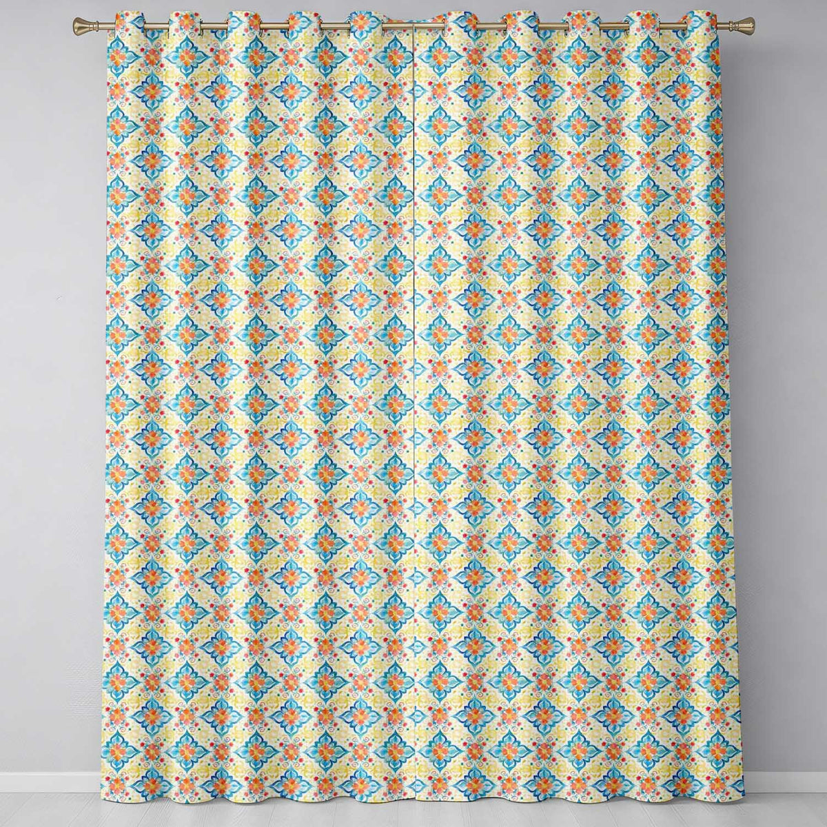 Watercolor Floral Tile Blue Orange Mediterranean Seamless  Readymade Eyelet Ring Top Thermal 100% Blackout Curtains