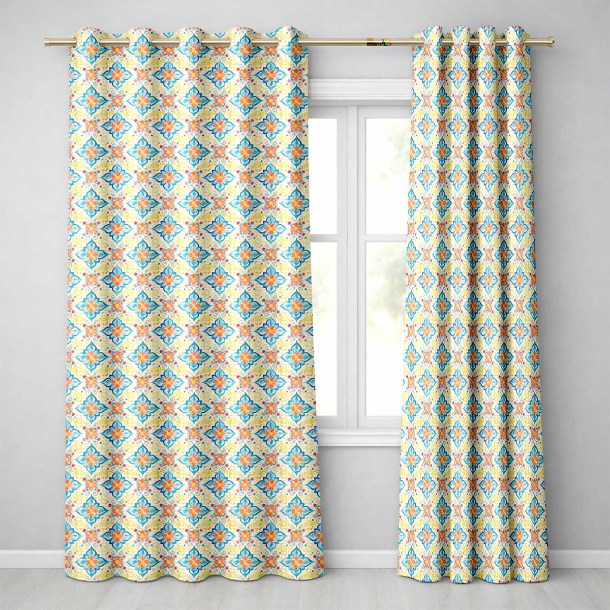 Watercolor Floral Tile Blue Orange Mediterranean Seamless  Readymade Eyelet Ring Top Thermal 100% Blackout Curtains