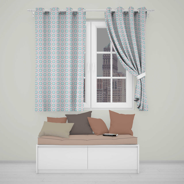 Pastel Floral Geometric Tile Pink Teal Seamless  Readymade Eyelet Ring Top Thermal 100% Blackout Curtains