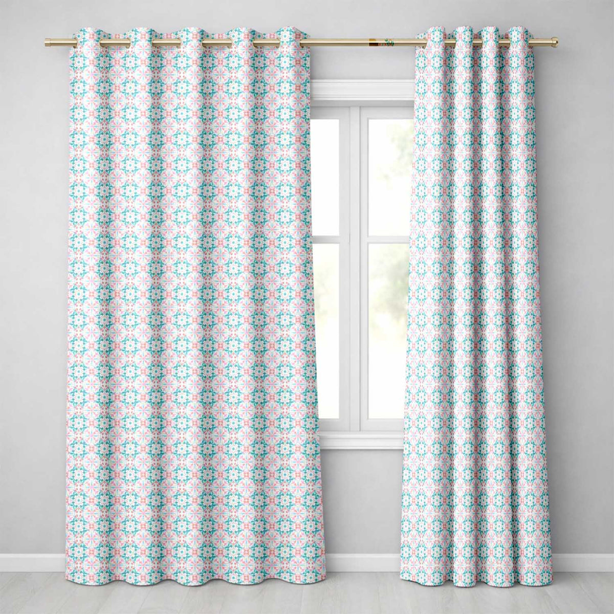 Pastel Floral Geometric Tile Pink Teal Seamless  Readymade Eyelet Ring Top Thermal 100% Blackout Curtains
