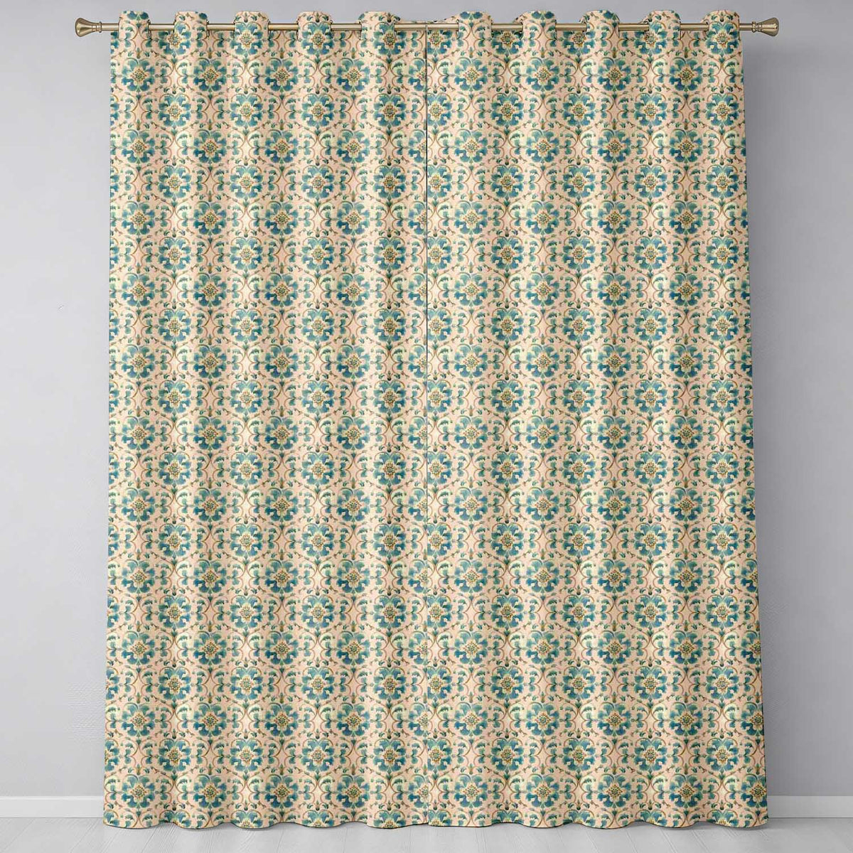 Classic Blue White Tile Floral Portuguese Style Seamless  Readymade Eyelet Ring Top Thermal 100% Blackout Curtains