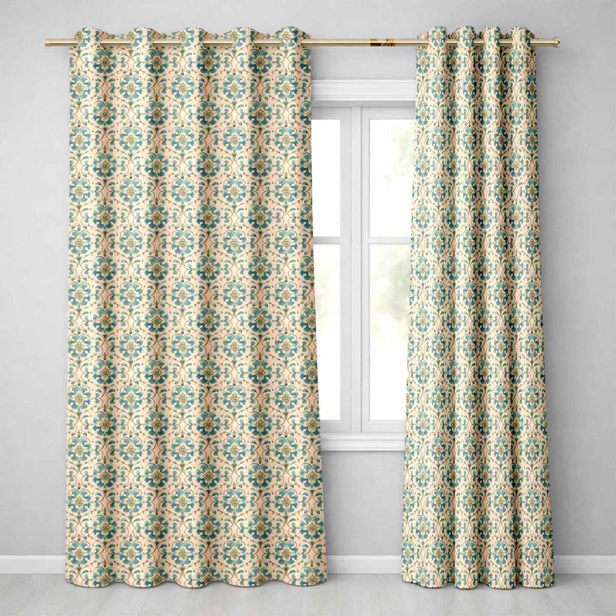 Classic Blue White Tile Floral Portuguese Style Seamless  Readymade Eyelet Ring Top Thermal 100% Blackout Curtains