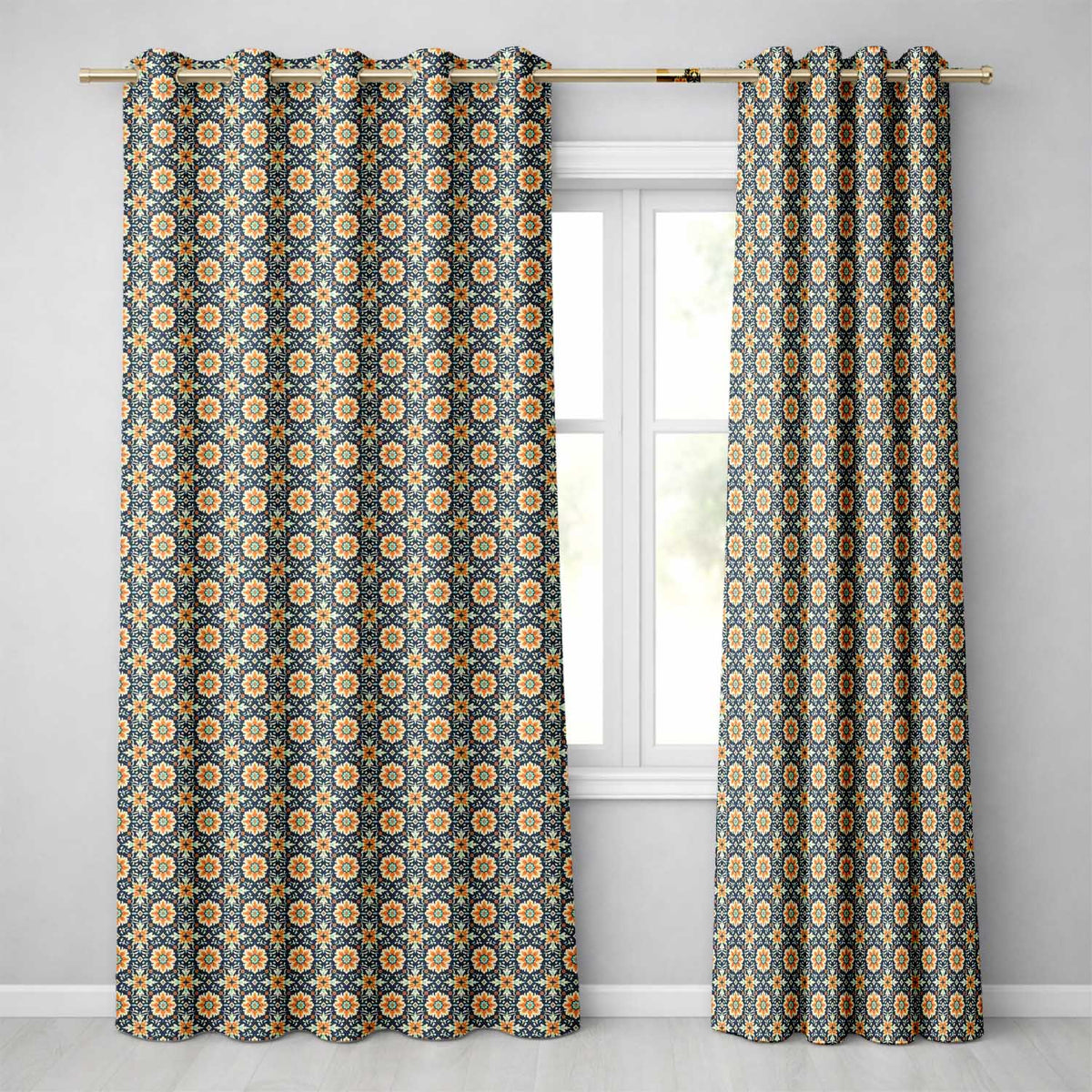 Beige Brown Vintage Floral Tile Classic Seamless  Readymade Eyelet Ring Top Thermal 100% Blackout Curtains