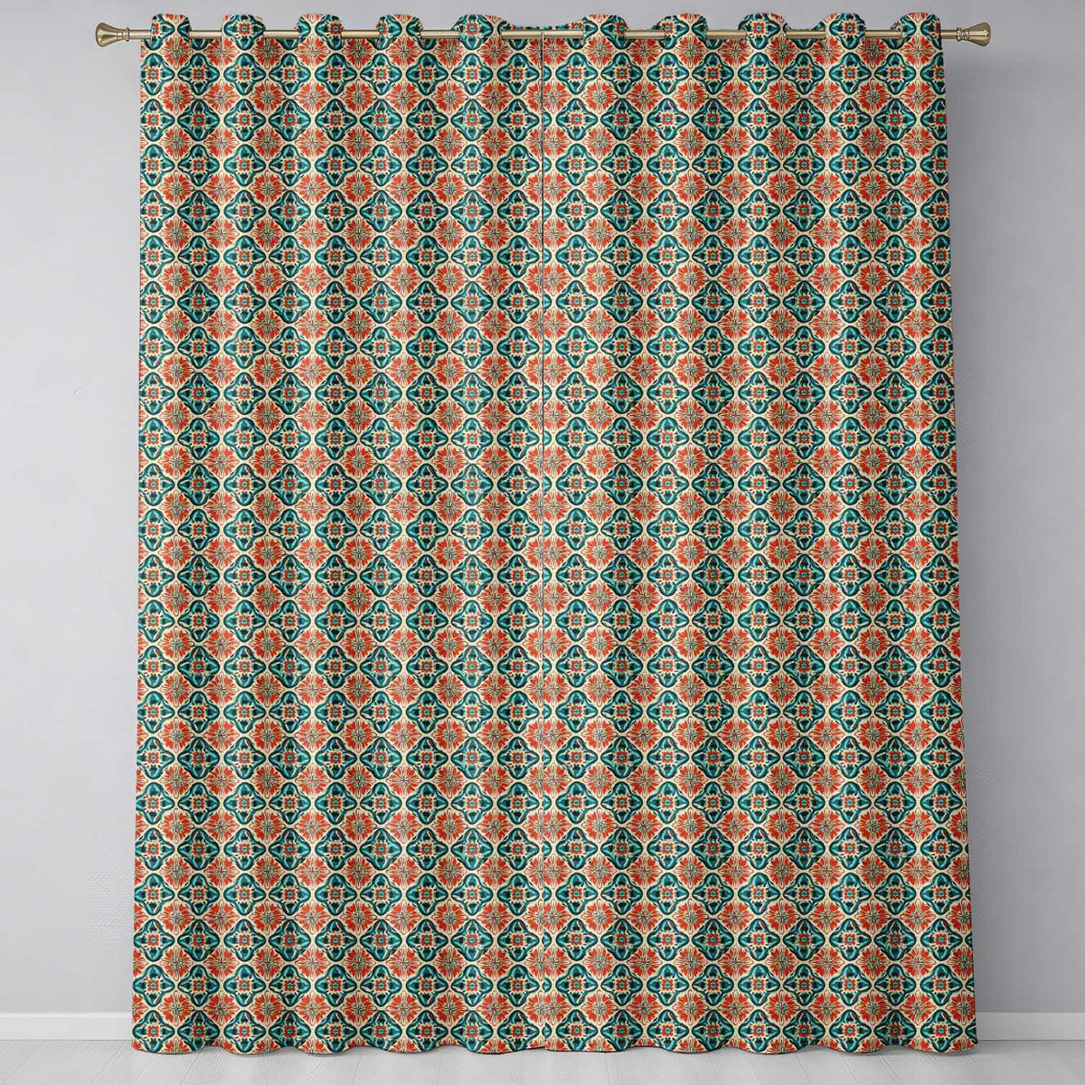 Cream Background  Floral Tile  with Teal and Coral Symmetry  Readymade Eyelet Ring Top Thermal 100% Blackout Curtains