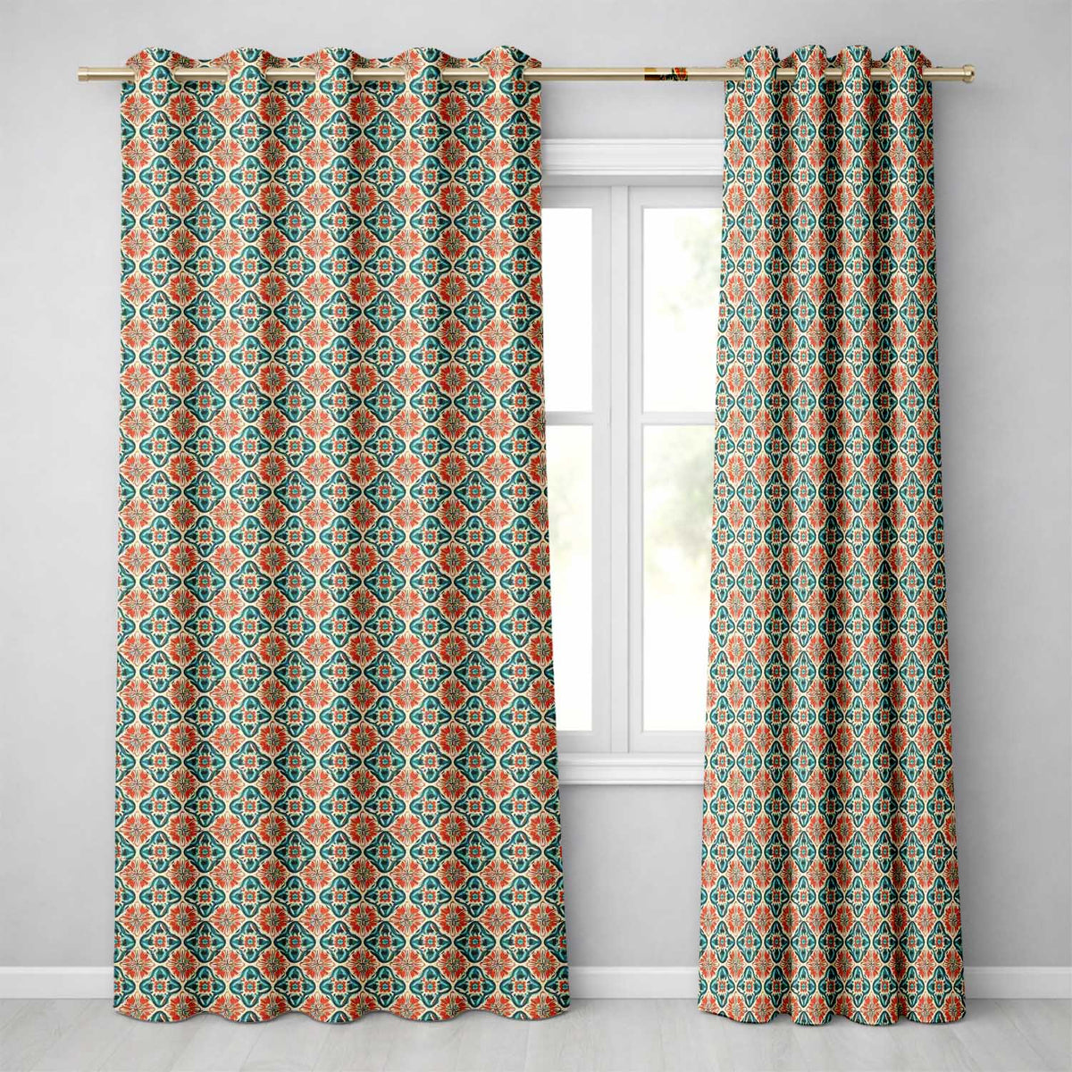 Cream Background  Floral Tile  with Teal and Coral Symmetry  Readymade Eyelet Ring Top Thermal 100% Blackout Curtains