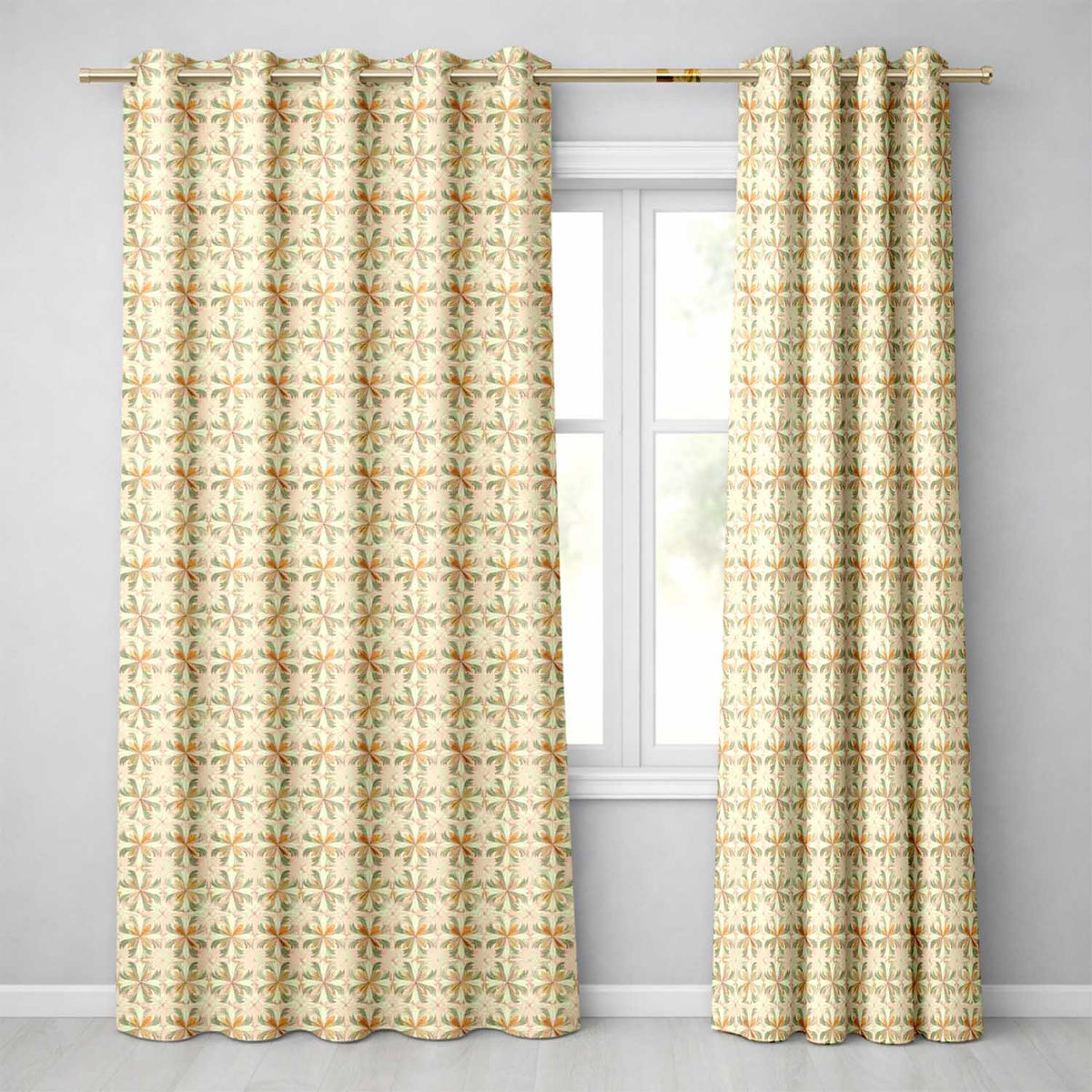 Neutral Beige and Ochre Elegant Floral Tile  with Subtle Vintage Symmetry  Readymade Eyelet Ring Top Thermal 100% Blackout Curtains