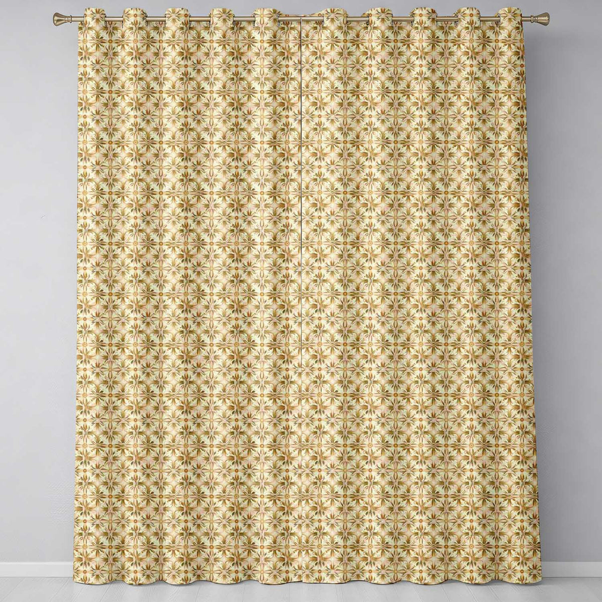 Golden Brown Ornate Floral Tile  with Classic Symmetrical Design  Readymade Eyelet Ring Top Thermal 100% Blackout Curtains