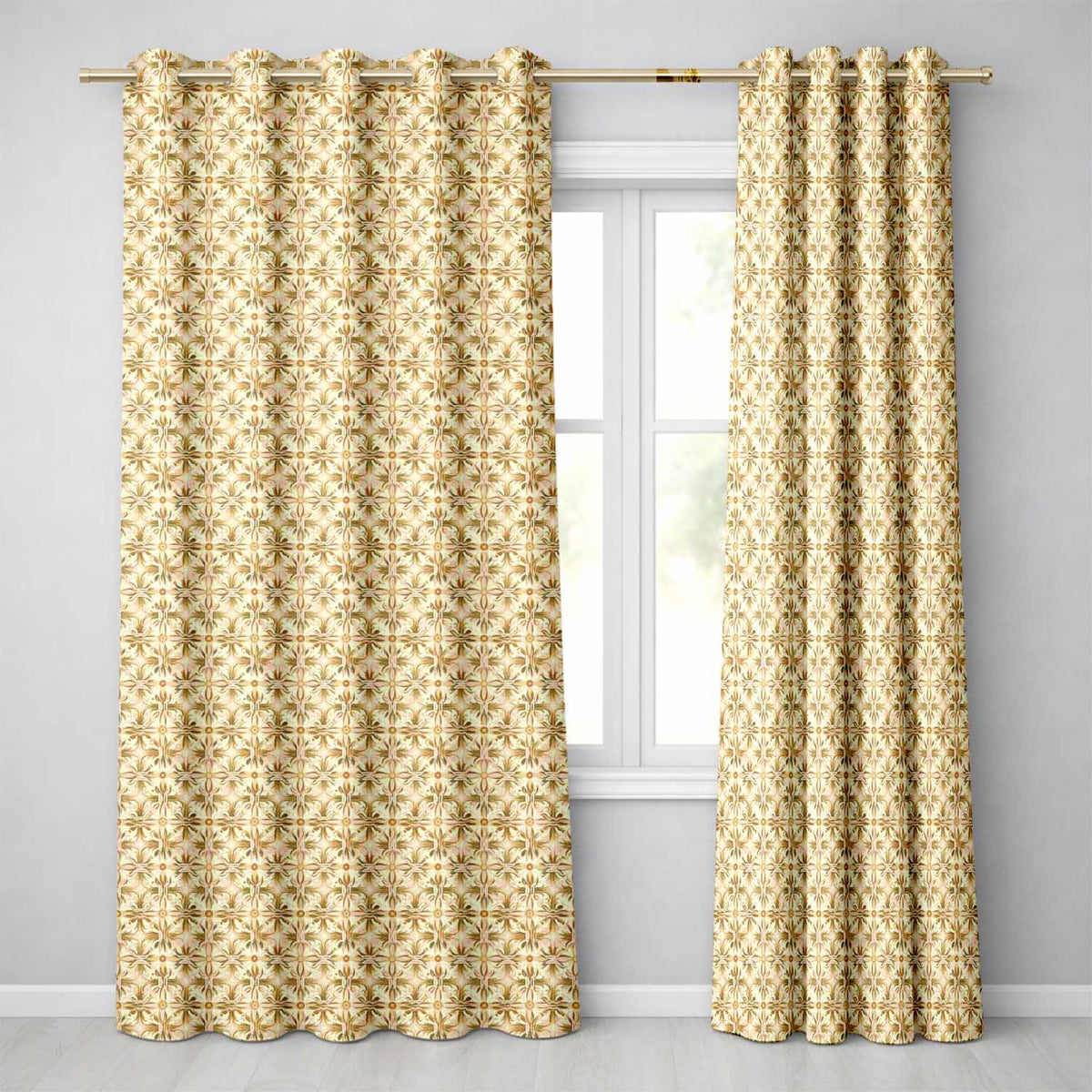 Golden Brown Ornate Floral Tile  with Classic Symmetrical Design  Readymade Eyelet Ring Top Thermal 100% Blackout Curtains