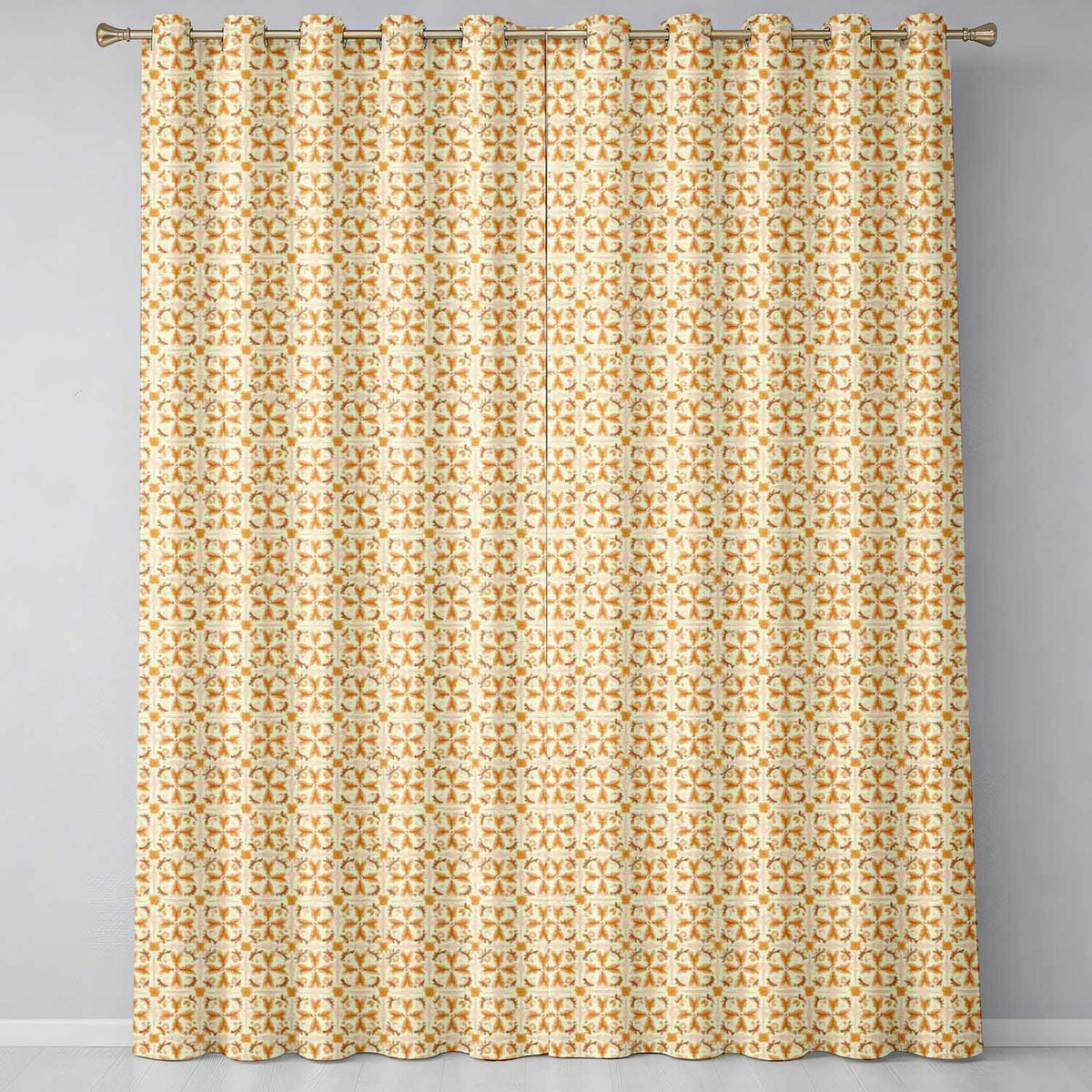 Light Tan and Ochre Traditional Floral Tile  with Repeating Motifs  Readymade Eyelet Ring Top Thermal 100% Blackout Curtains