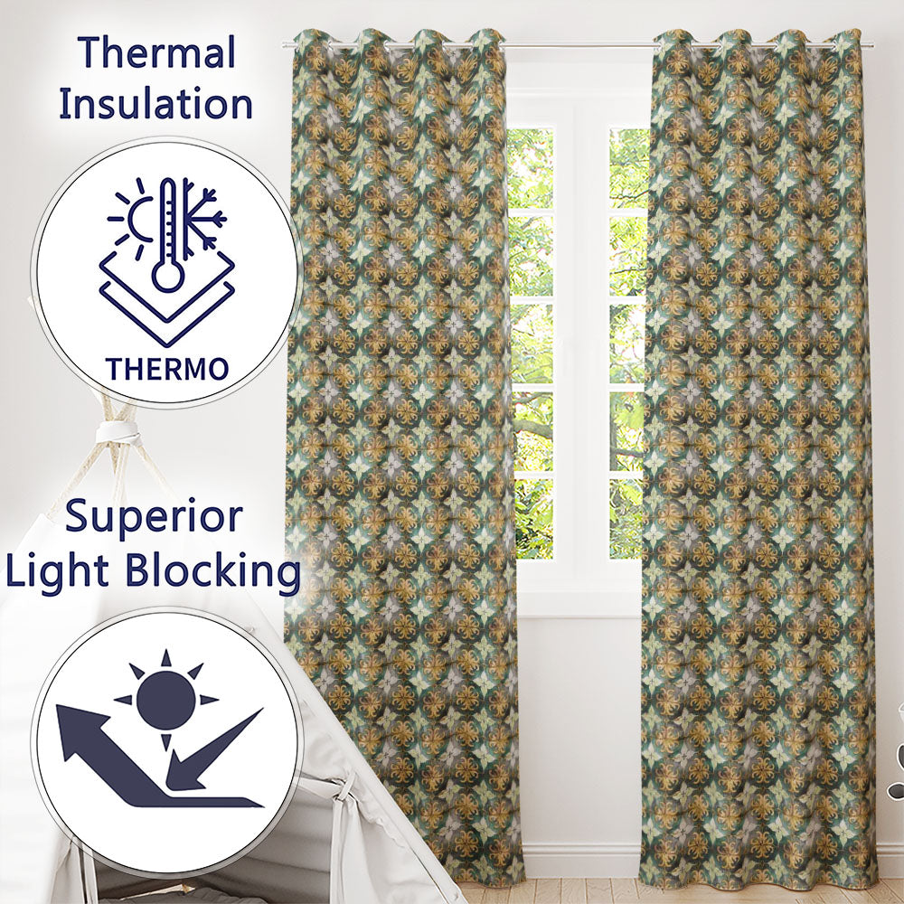 Distressed Blue and Rust Vintage Tile  with Ornamental Geometric Design  Readymade Eyelet Ring Top Thermal 100% Blackout Curtains