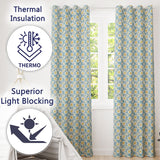 Blue and Gold Classic Decorative Tile  with Elegant Floral Symmetry  Readymade Eyelet Ring Top Thermal 100% Blackout Curtains