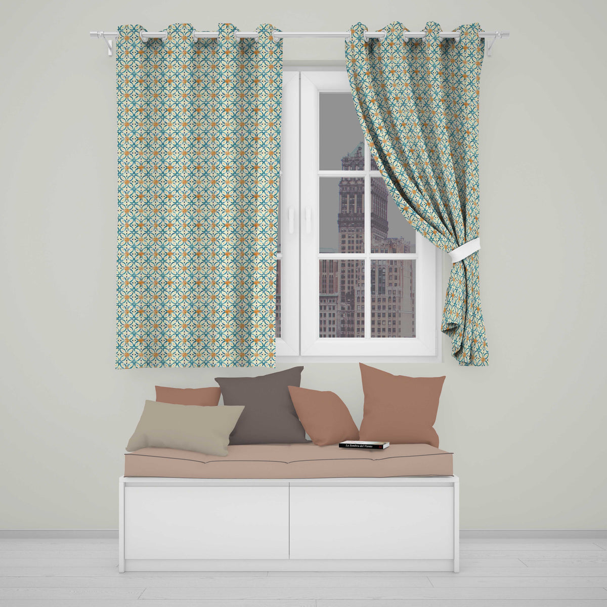 Soft Blue and Yellow Vintage Scroll Tile  with Ornate Floral Elements  Readymade Eyelet Ring Top Thermal 100% Blackout Curtains