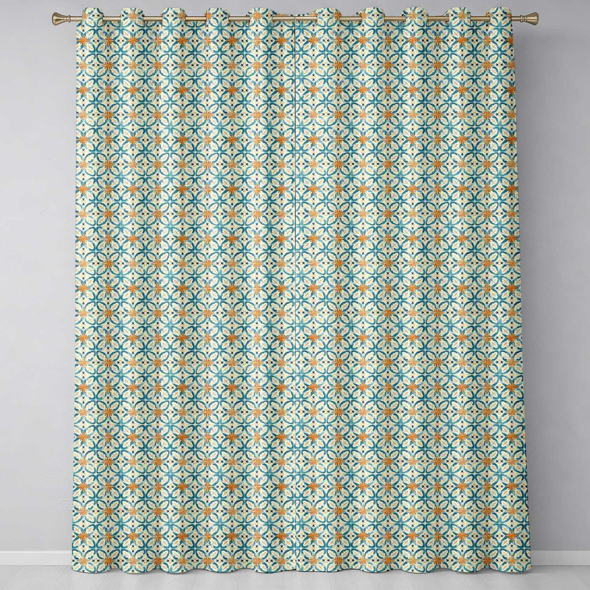 Soft Blue and Yellow Vintage Scroll Tile  with Ornate Floral Elements  Readymade Eyelet Ring Top Thermal 100% Blackout Curtains
