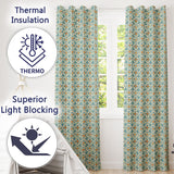 Soft Blue and Yellow Vintage Scroll Tile  with Ornate Floral Elements  Readymade Eyelet Ring Top Thermal 100% Blackout Curtains