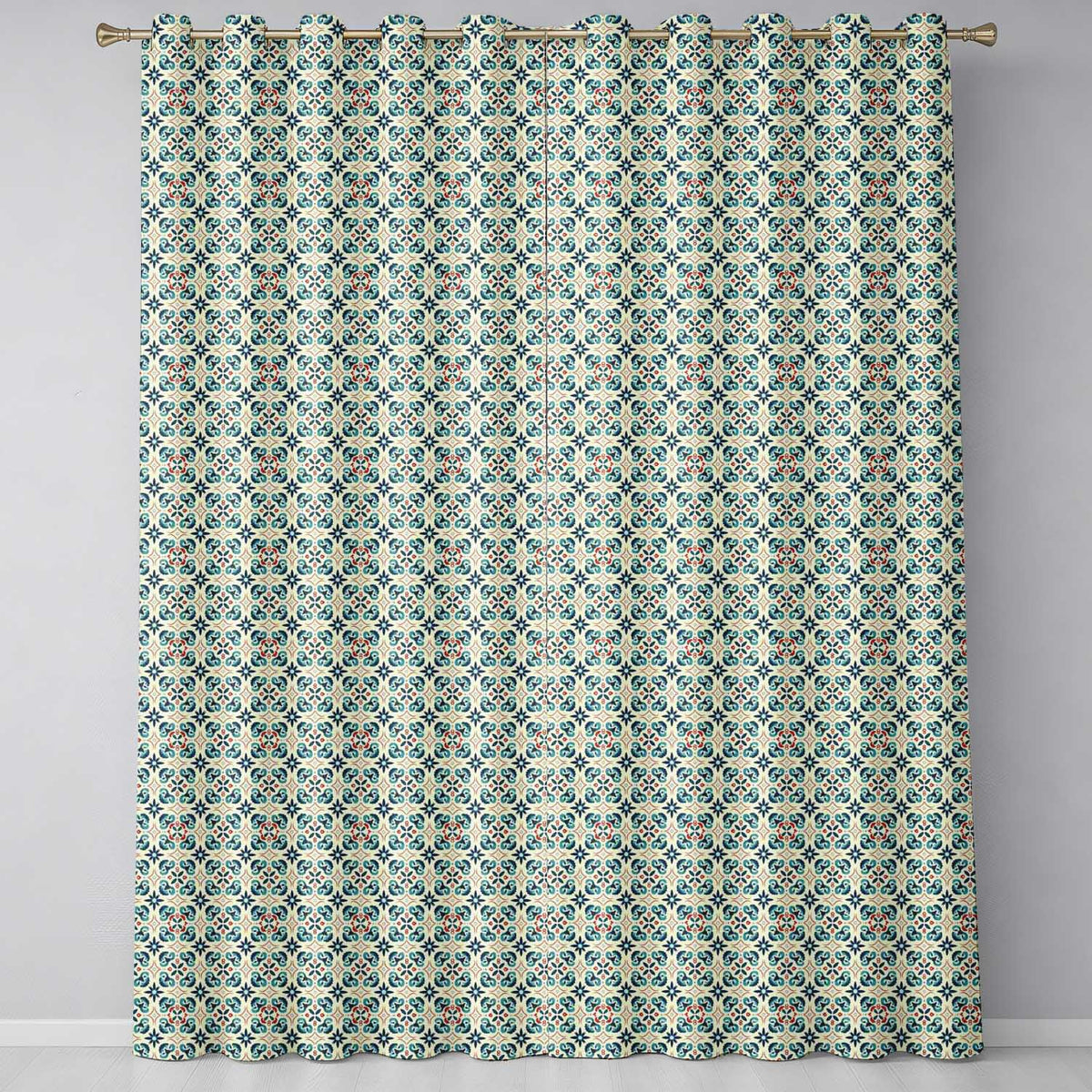 Teal and Red Ornamental Tile  with Symmetrical Vintage Floral Design  Readymade Eyelet Ring Top Thermal 100% Blackout Curtains
