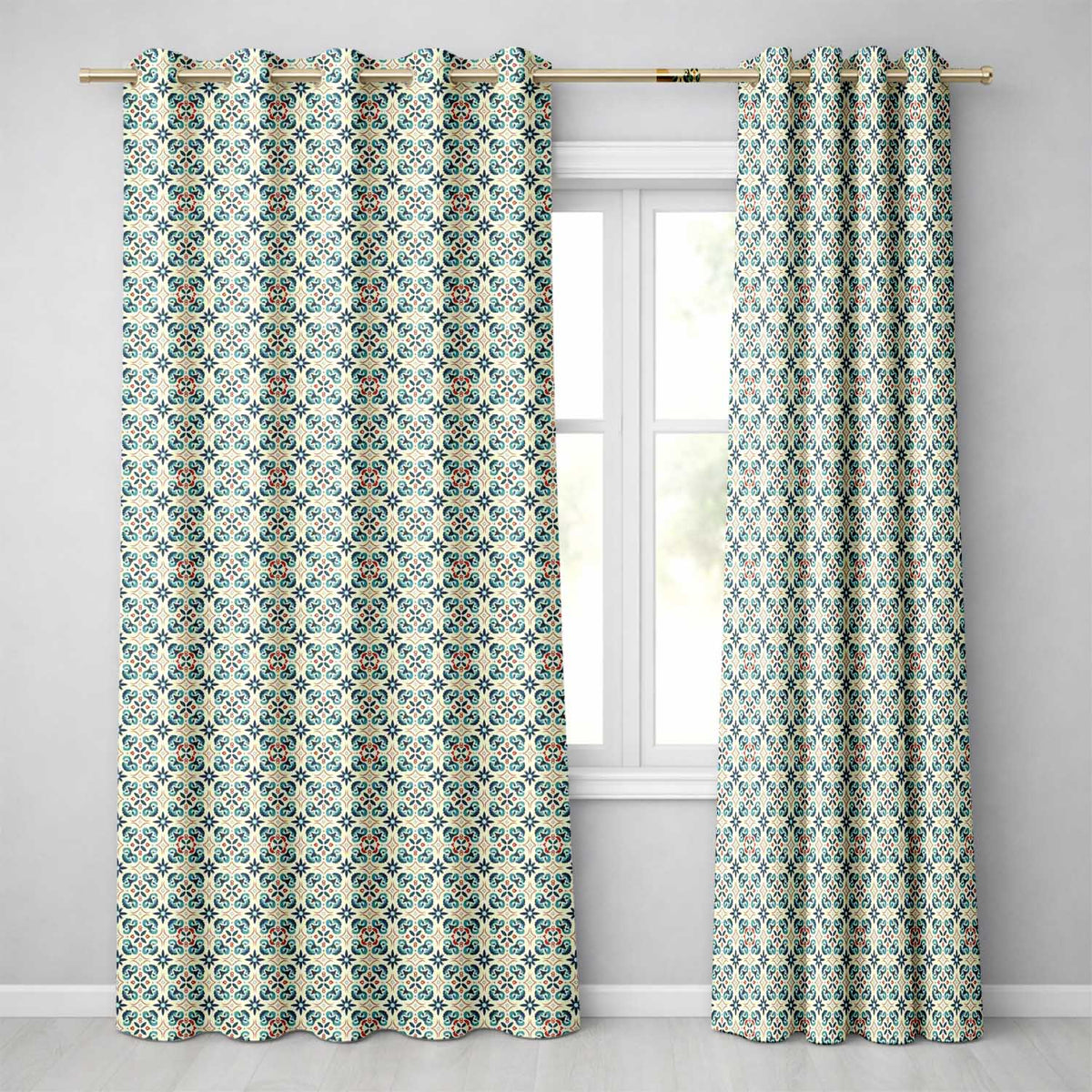 Teal and Red Ornamental Tile  with Symmetrical Vintage Floral Design  Readymade Eyelet Ring Top Thermal 100% Blackout Curtains