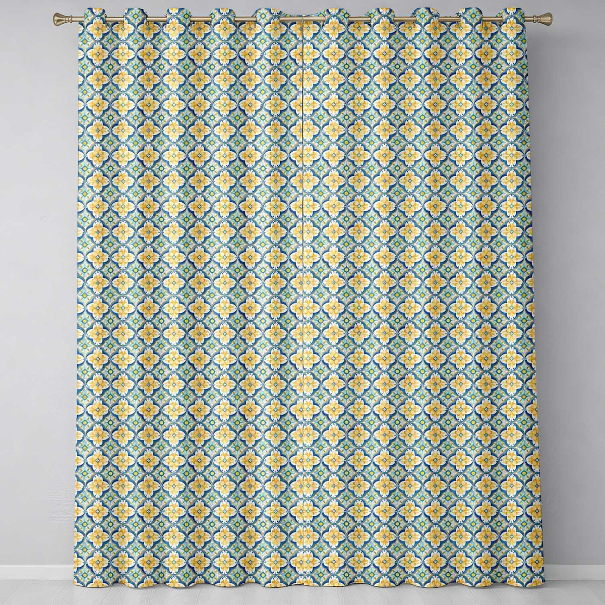 Blue and Yellow Mediterranean Style Tile  with Floral Motifs  Readymade Eyelet Ring Top Thermal 100% Blackout Curtains