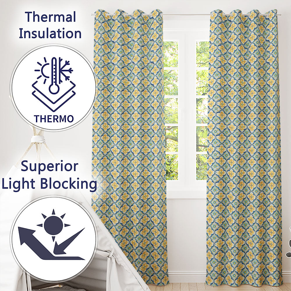 Blue and Yellow Mediterranean Style Tile  with Floral Motifs  Readymade Eyelet Ring Top Thermal 100% Blackout Curtains