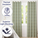 Blue and Yellow Mediterranean Style Tile  with Floral Motifs  Readymade Eyelet Ring Top Thermal 100% Blackout Curtains