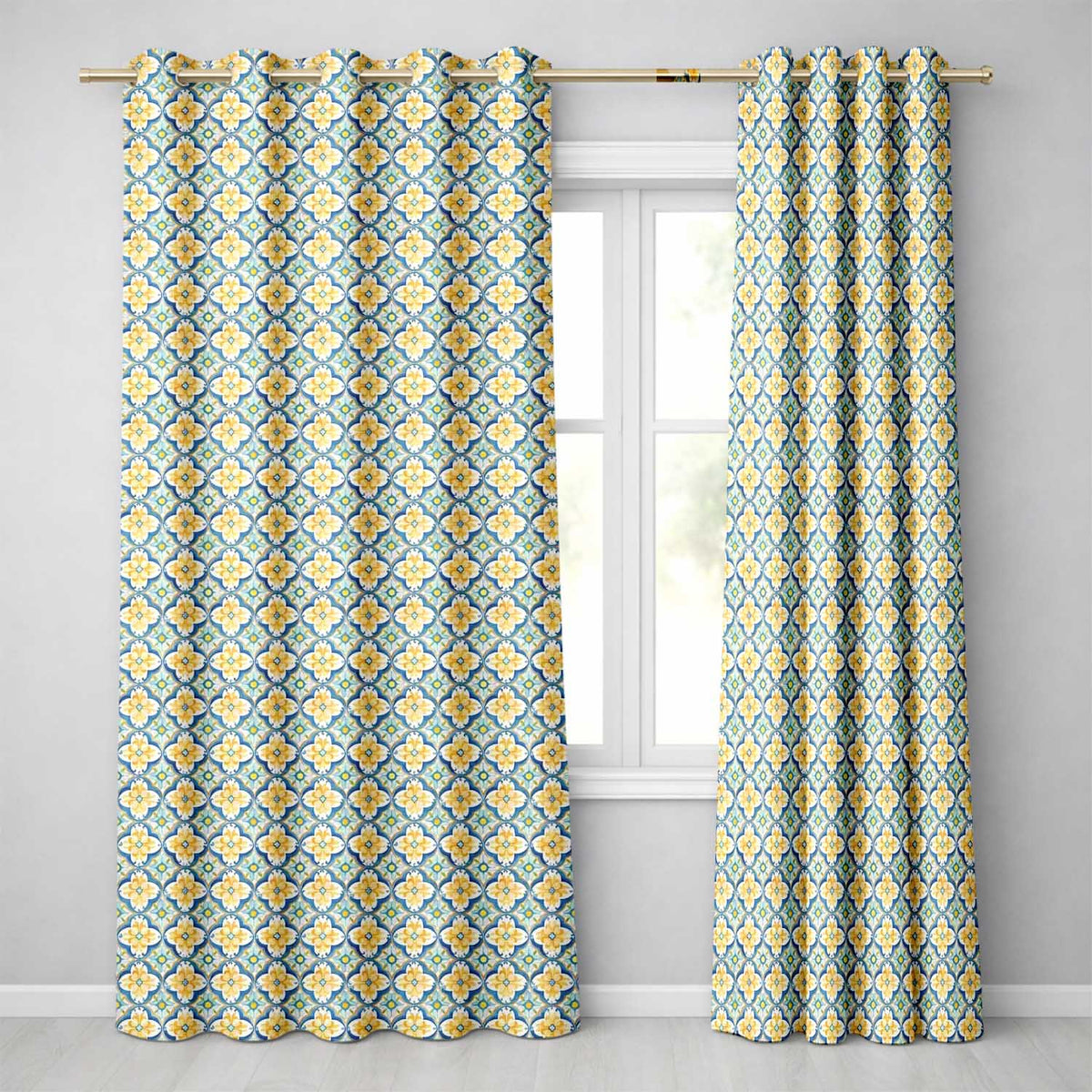 Blue and Yellow Mediterranean Style Tile  with Floral Motifs  Readymade Eyelet Ring Top Thermal 100% Blackout Curtains