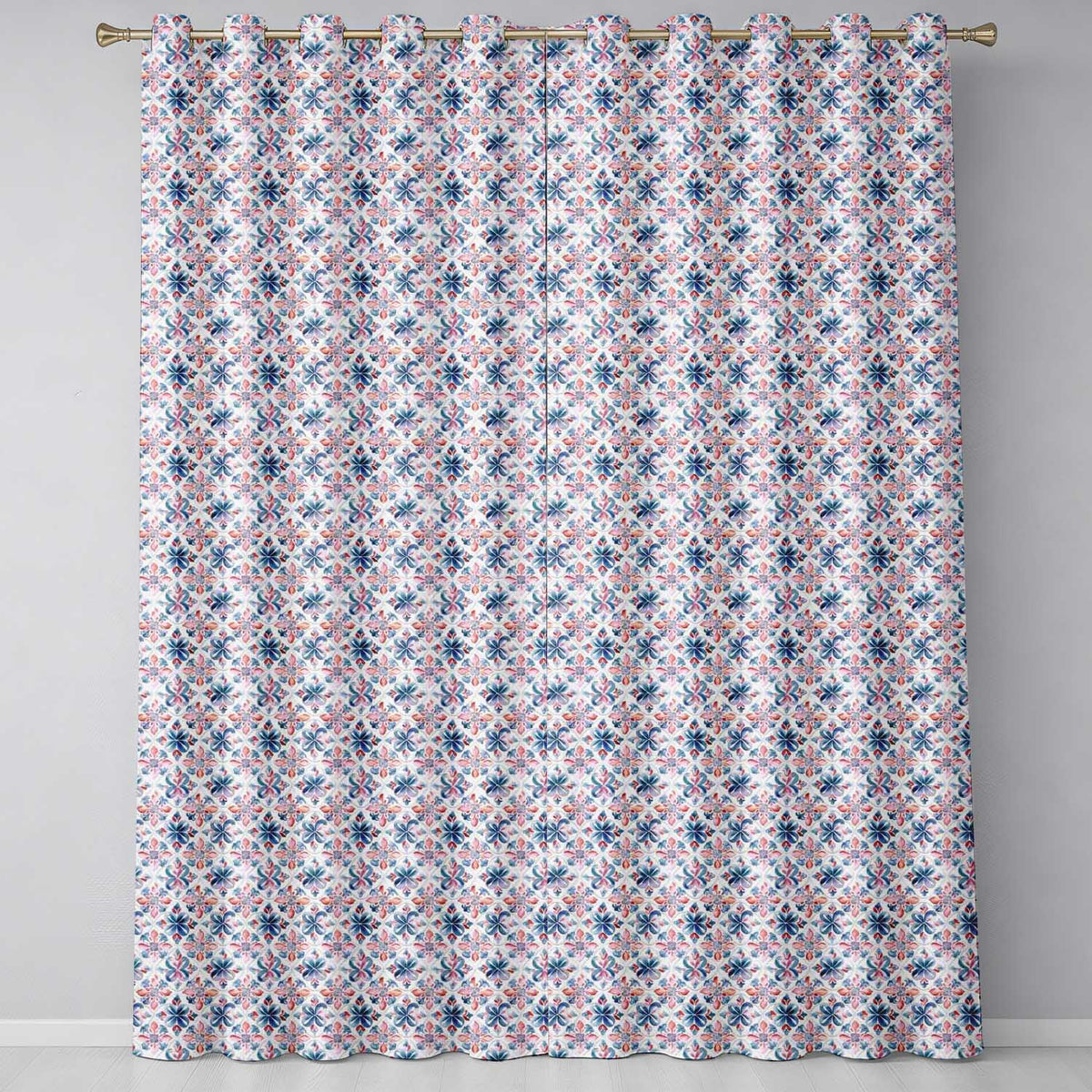Red and Blue Classic Floral Tile  with Soft Vintage Symmetry  Readymade Eyelet Ring Top Thermal 100% Blackout Curtains