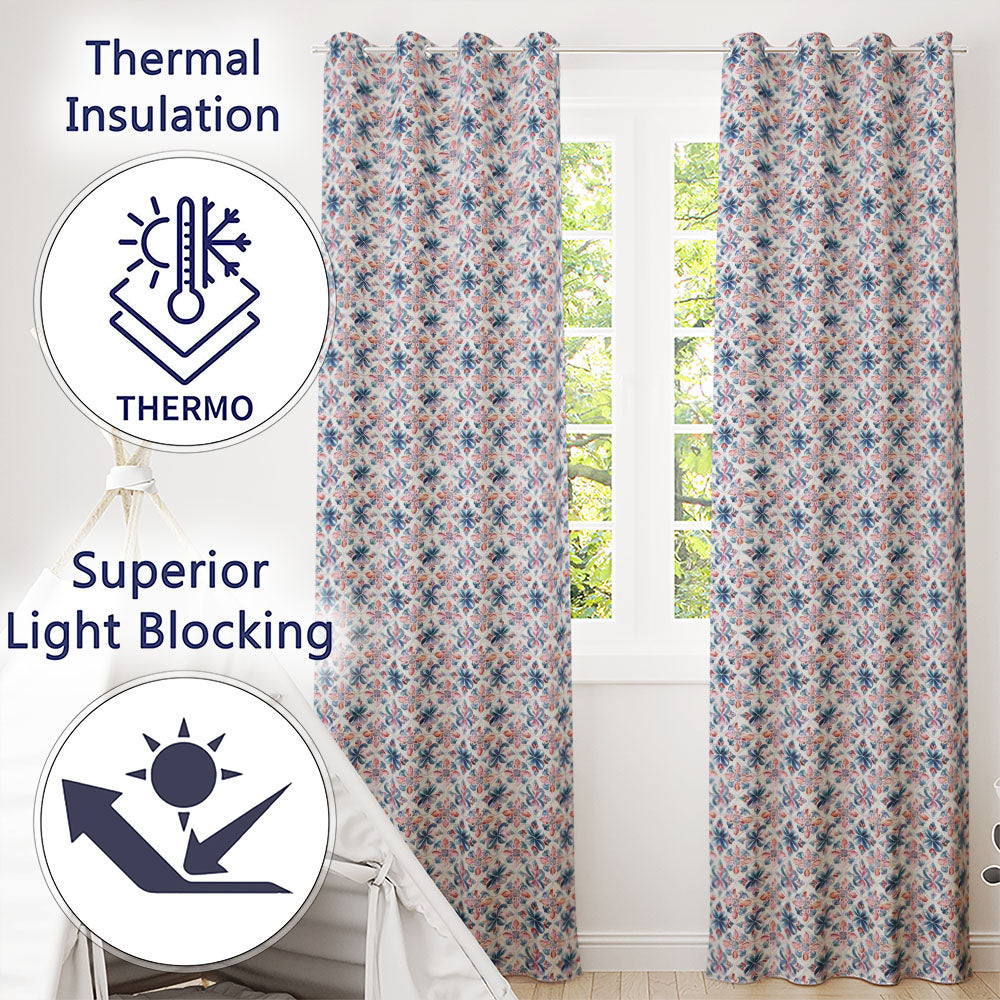 Red and Blue Classic Floral Tile  with Soft Vintage Symmetry  Readymade Eyelet Ring Top Thermal 100% Blackout Curtains