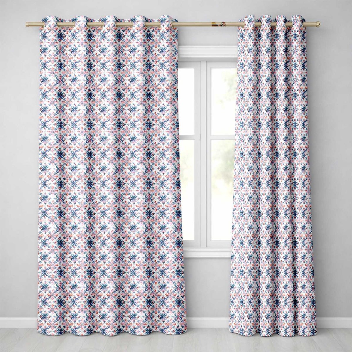Red and Blue Classic Floral Tile  with Soft Vintage Symmetry  Readymade Eyelet Ring Top Thermal 100% Blackout Curtains