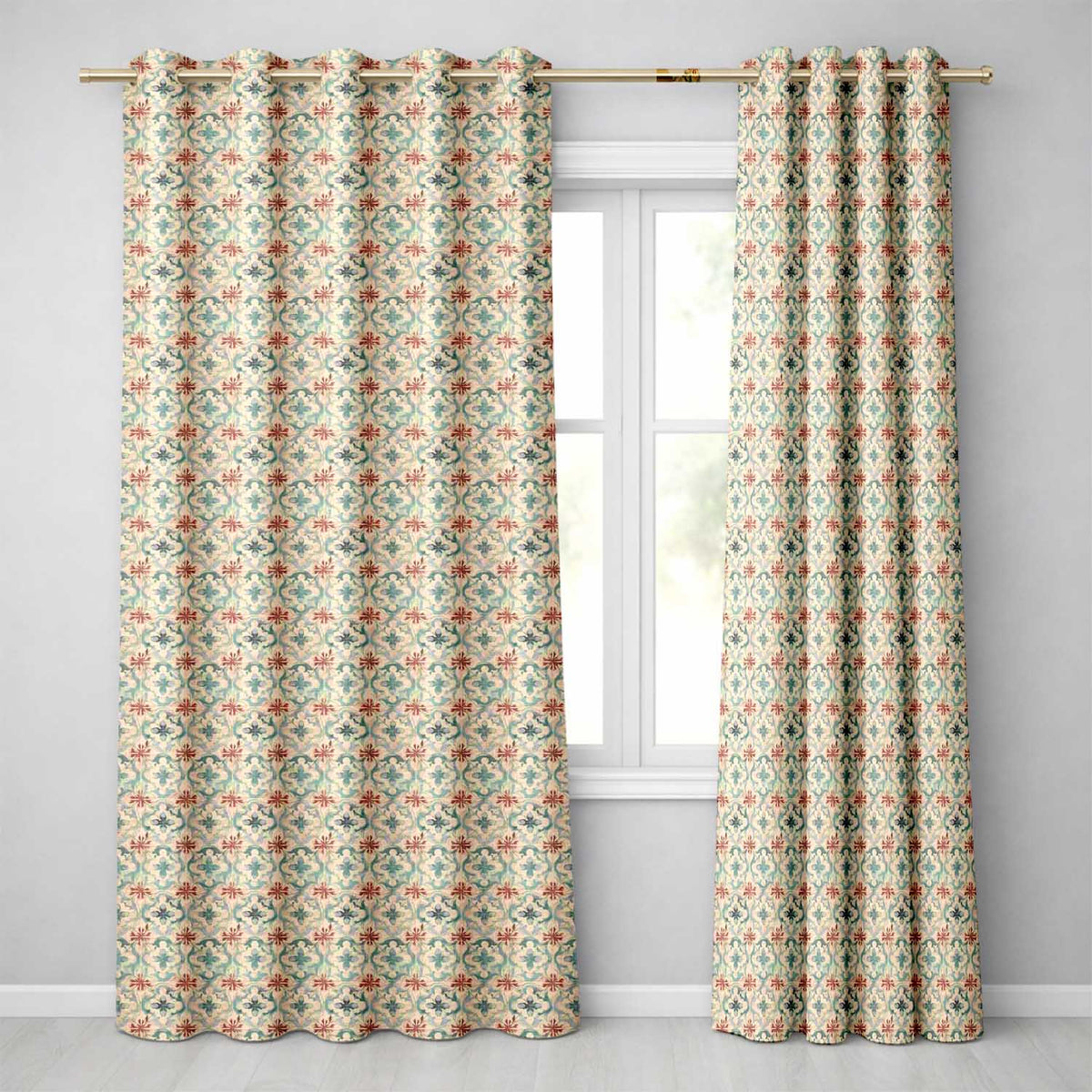 Muted Aqua and Terracotta Vintage Tile  with Distressed Floral Design  Readymade Eyelet Ring Top Thermal 100% Blackout Curtains