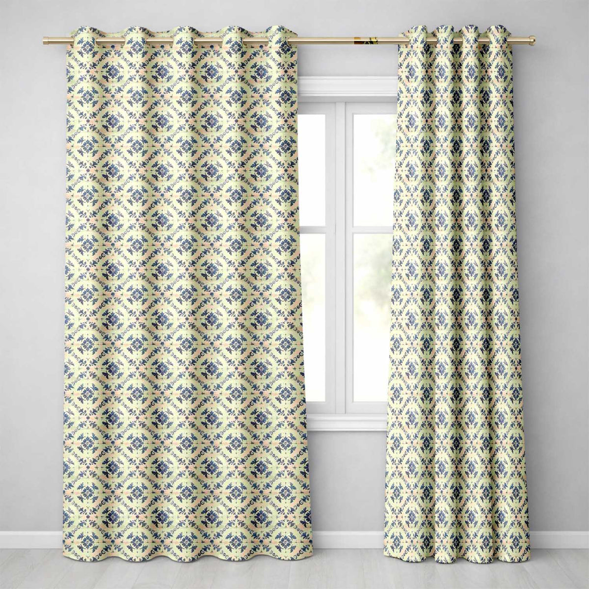 Blue and White Vintage Floral Tile  with Classic Symmetrical Design  Readymade Eyelet Ring Top Thermal 100% Blackout Curtains