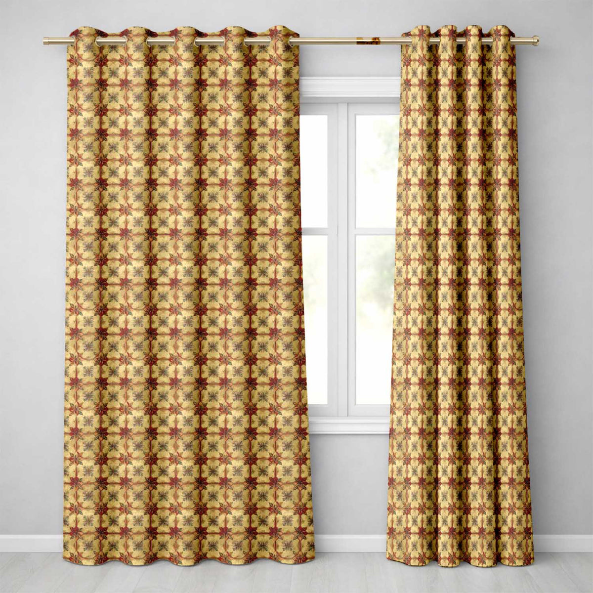 Vintage Floral Tile  in Warm Beige and Terracotta Geometric Repeat  Readymade Eyelet Ring Top Thermal 100% Blackout Curtains