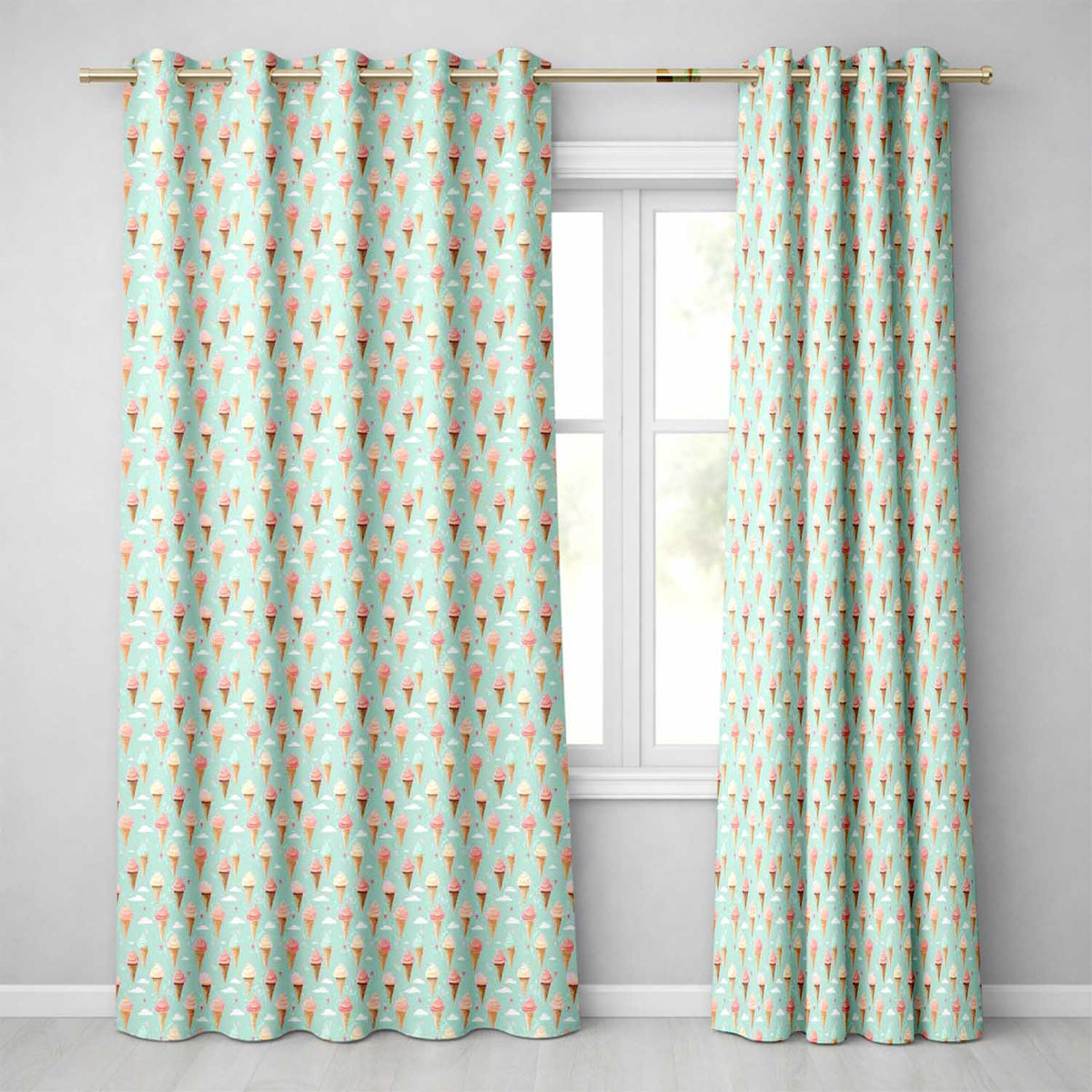 Pastel Ice Cream Cones on Sky Blue with Clouds  Sweet Dessert  Readymade Eyelet Ring Top Thermal 100% Blackout Curtains