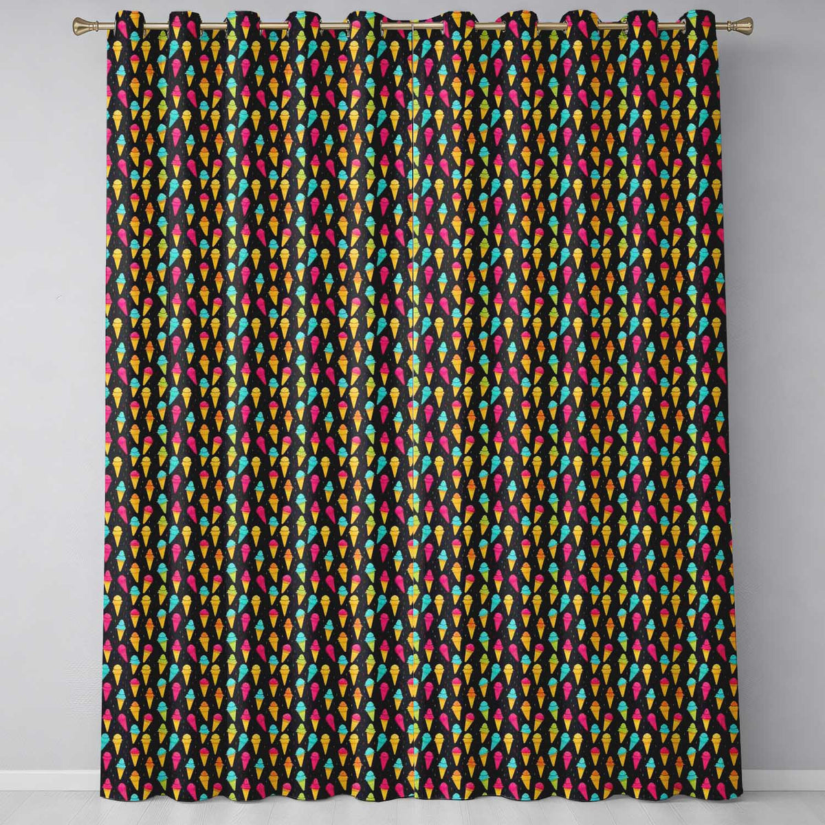 Bright Neon Ice Cream Cones on Black Fun Pop Art Dessert Seamless  Readymade Eyelet Ring Top Thermal 100% Blackout Curtains
